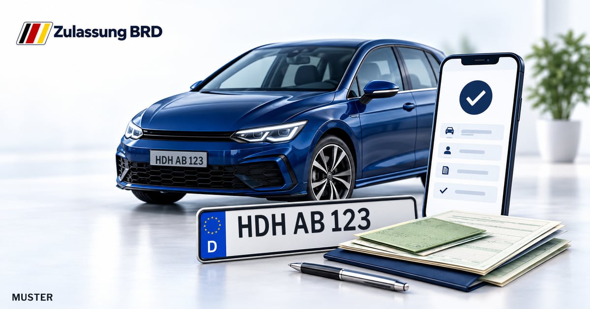 Online Fahrzeugzulassung in Herbrechtingen: Musterkennzeichen HDH AB 123, Auto und Fahrzeugpapiere und Smartphone. Illustration mit Logo von Zulassung BRD.